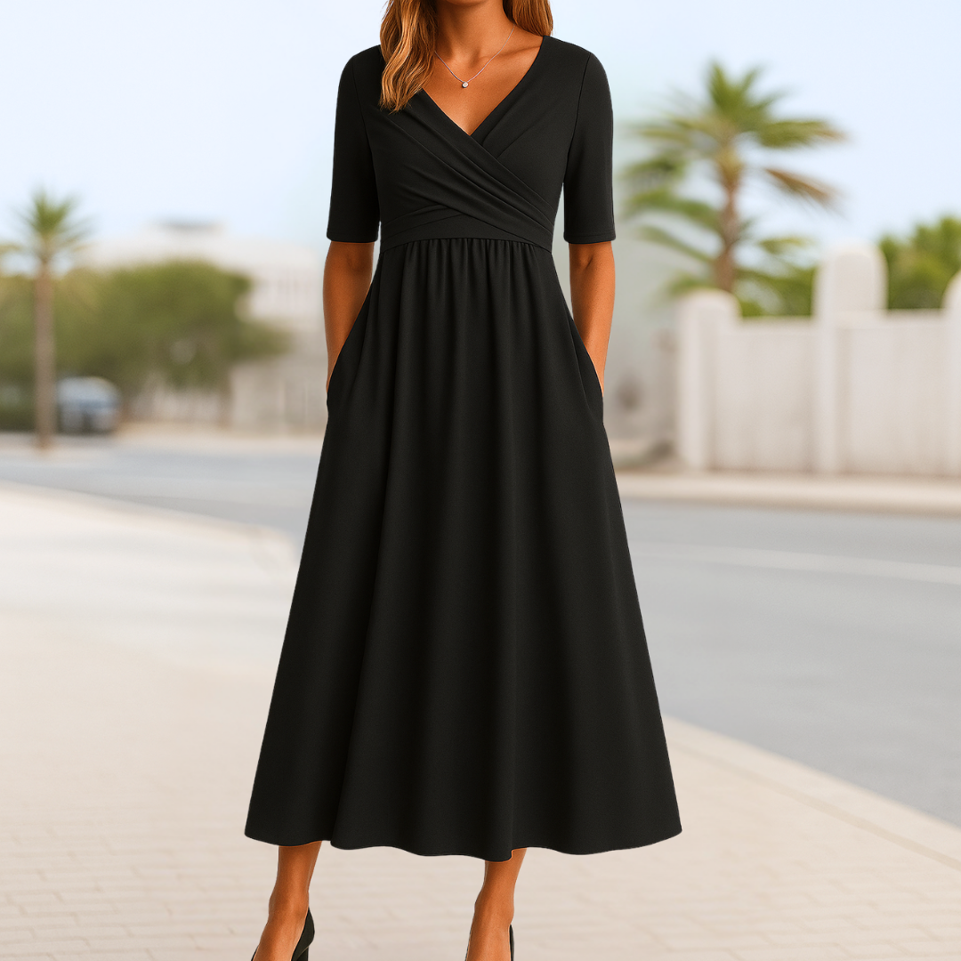 Robe Élégante à Manches Courtes et Décolleté Croisé
